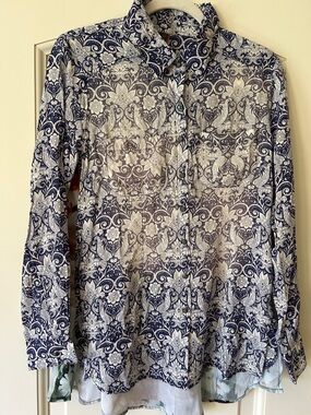 Aratta Women's Navy and White Floral-Print Button Front Blouse